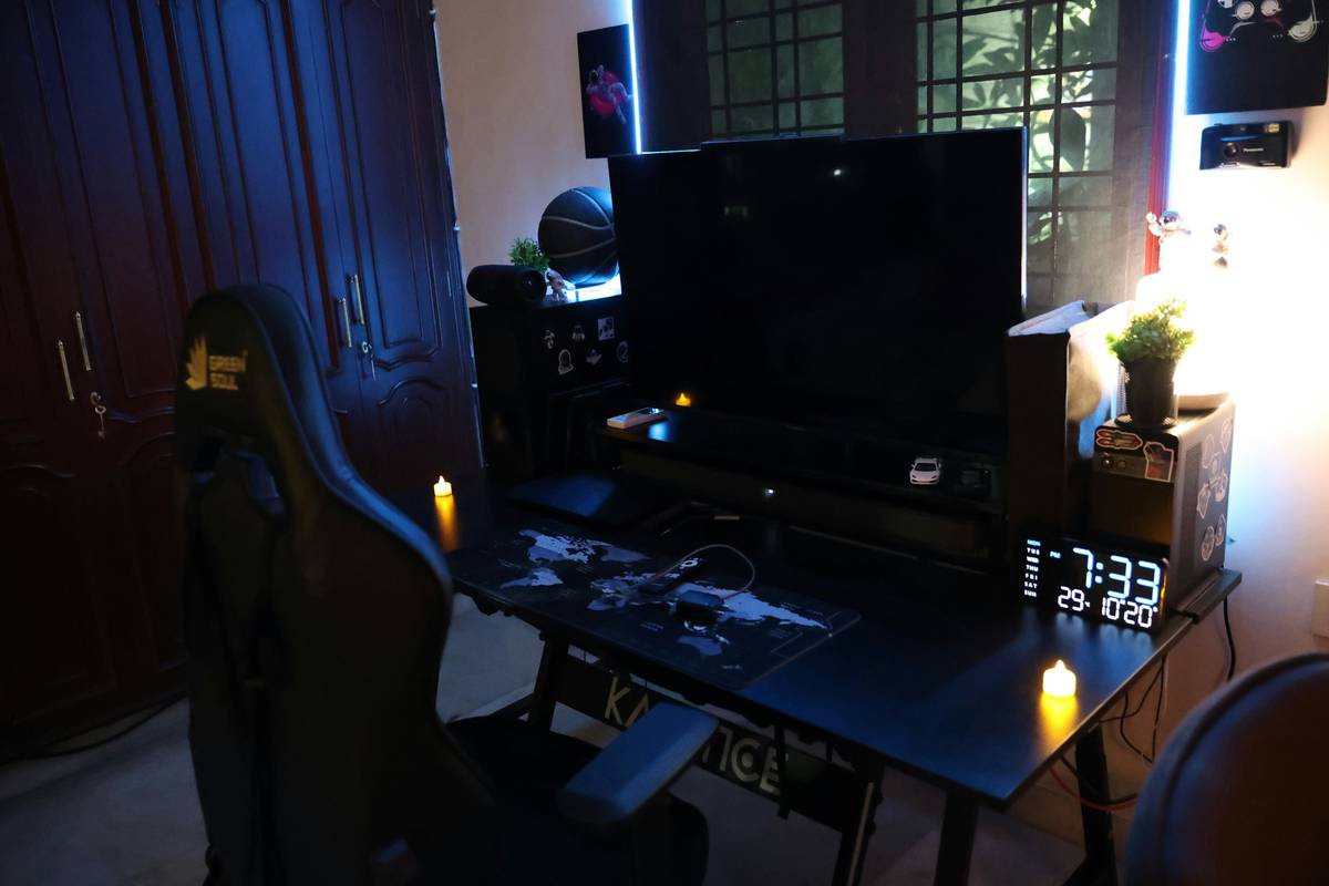 Close-up of integrated speakers in gaming chair with wiring details